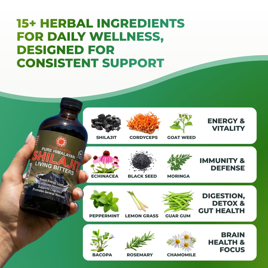 Close-up of Essence Herbs Shilajit Bitters label highlighting natural ingredients.