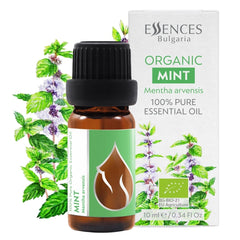 Essences Bulgaria Organic Mint Essential Oil bottle for aromatherapy with refreshing aroma.