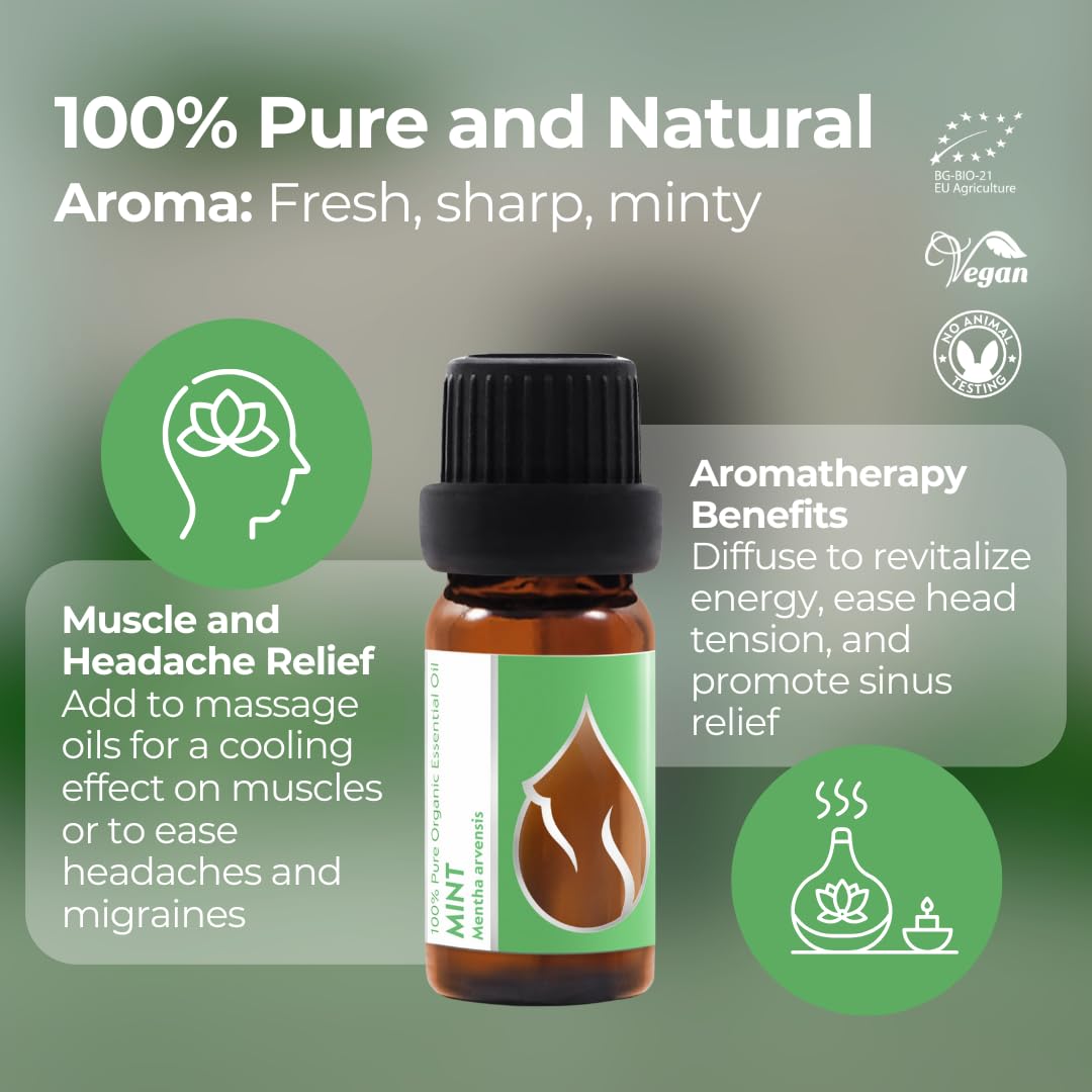 Essences Bulgaria mint essential oil bottle closeup highlights premium quality.