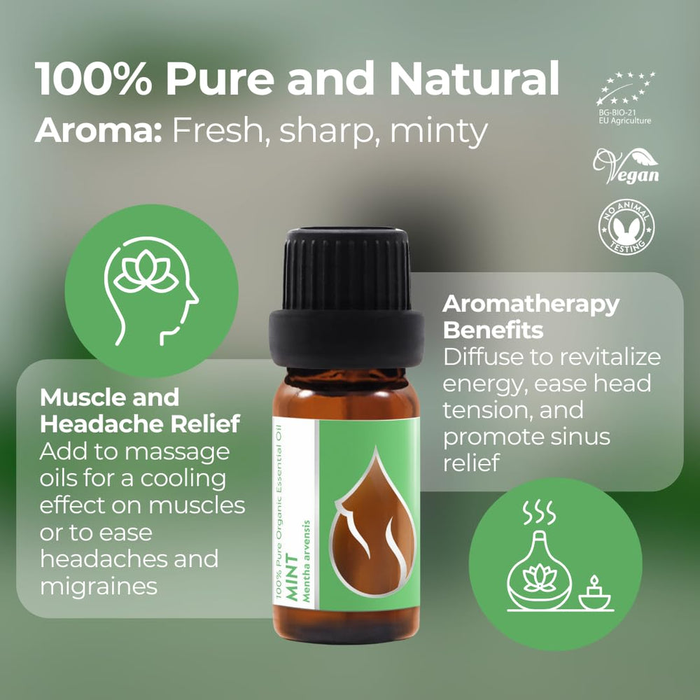 Essences Bulgaria mint essential oil bottle closeup highlights premium quality.