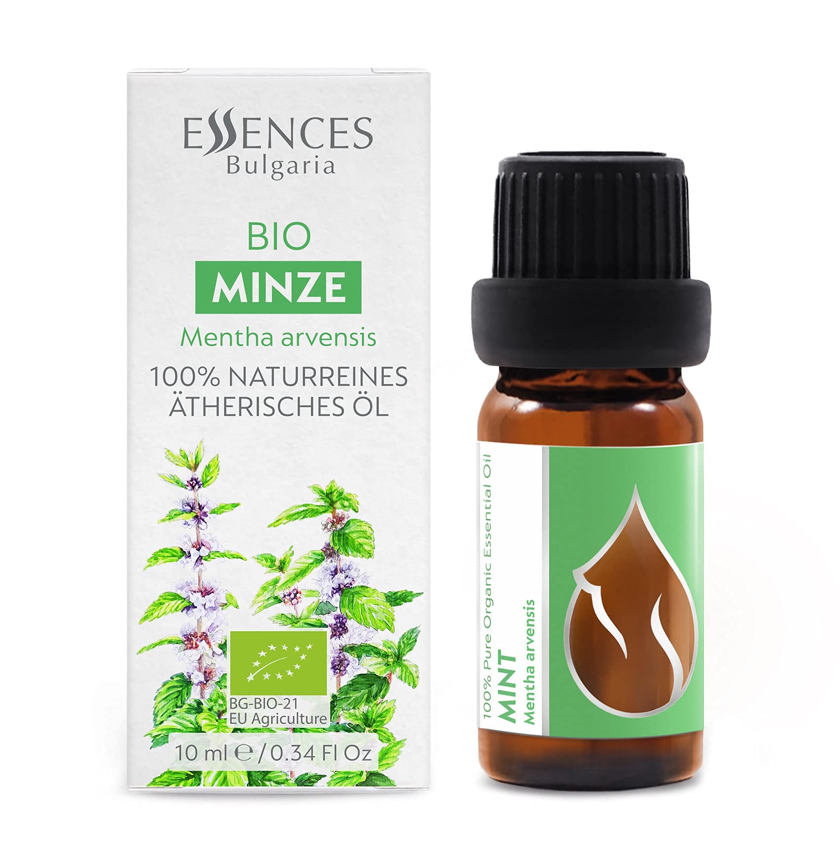 Essences Bulgaria mint essential oil dropper closeup for precise dispensing.
