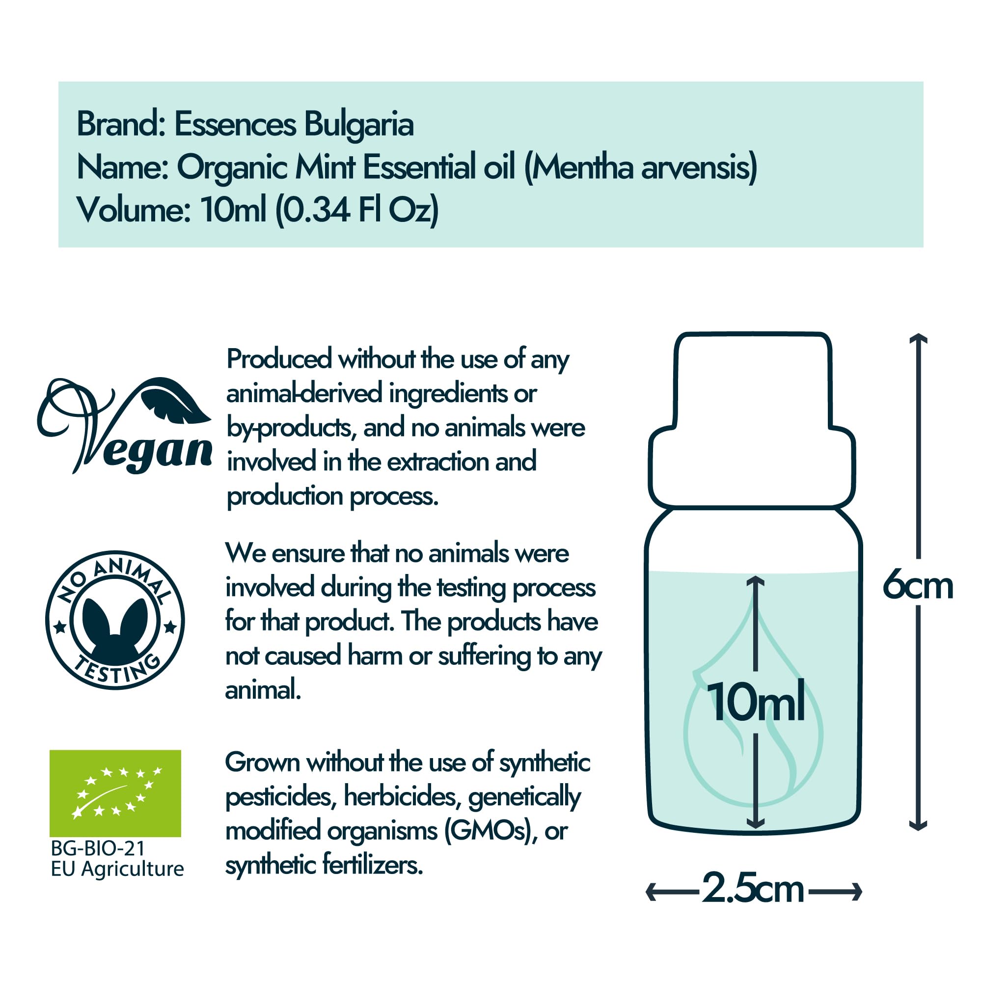 Back label of Essences Bulgaria Mint Oil shows BG-BIO-21 certification.