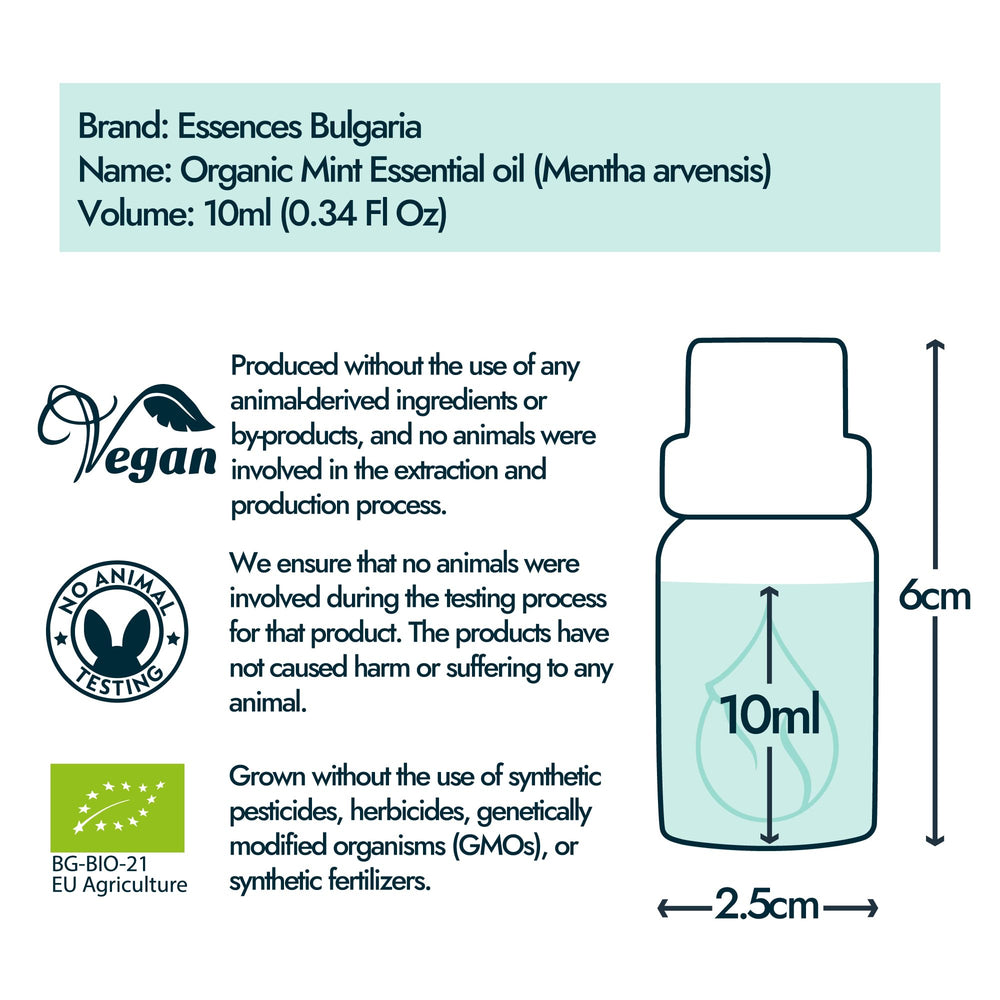 Back label of Essences Bulgaria Mint Oil shows BG-BIO-21 certification.