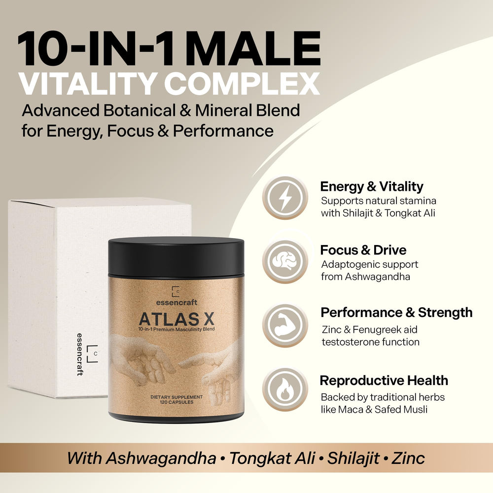 Essencraft Atlas X label closeup highlighting ingredient blend for vitality.