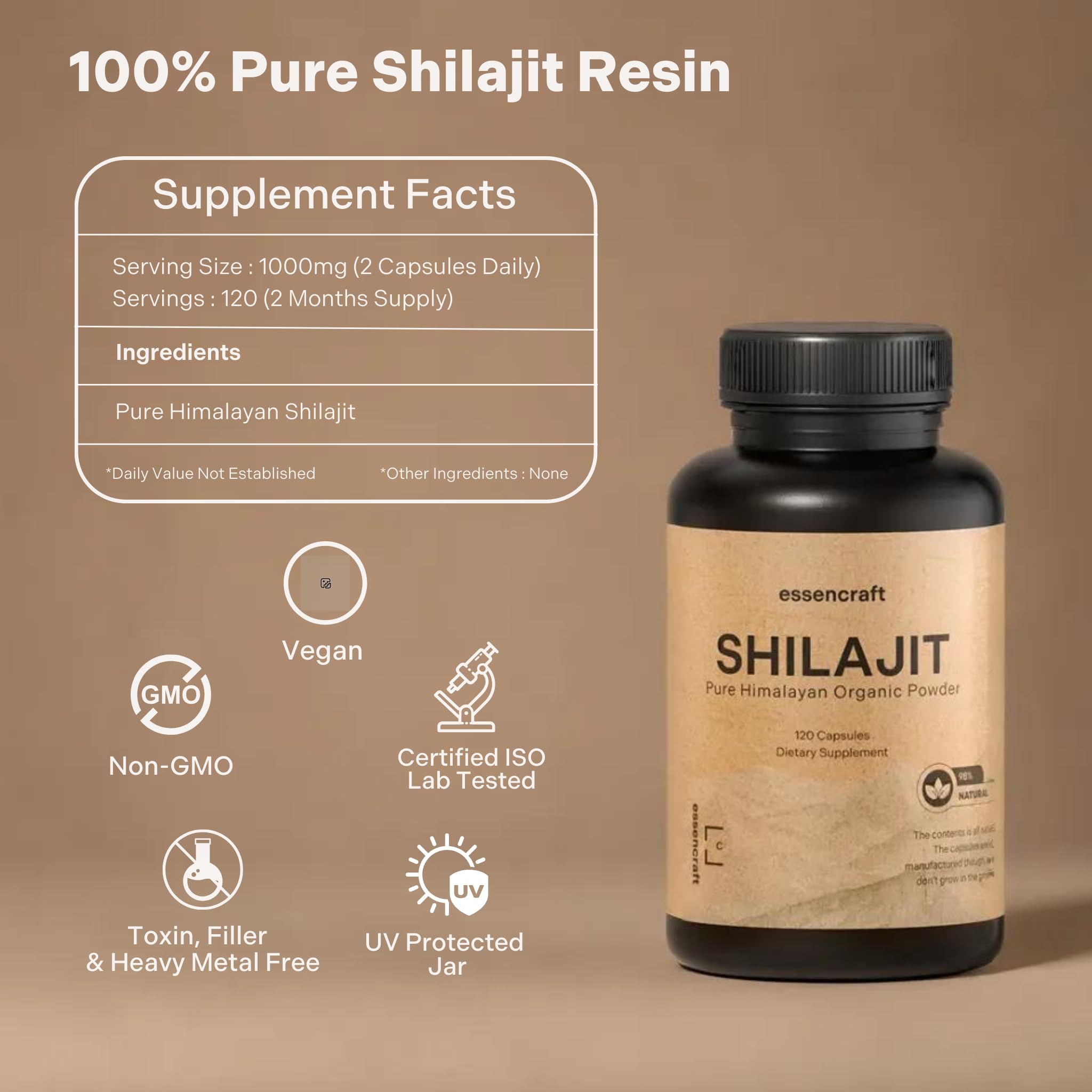 Essencraft Shilajit resin minerals graphic emphasizes 85+ trace minerals.