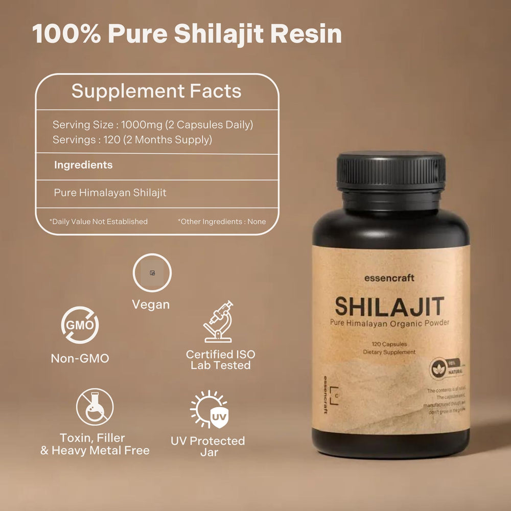 Essencraft Shilajit resin minerals graphic emphasizes 85+ trace minerals.