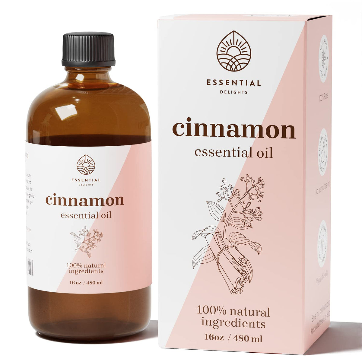 Essential Delights cinnamon essential oil bottle front view for aromatherapy and DIY blends
