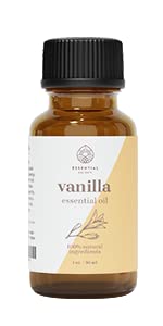 Essential Delights Vanilla oil bottle close-up highlighting purity and potency.