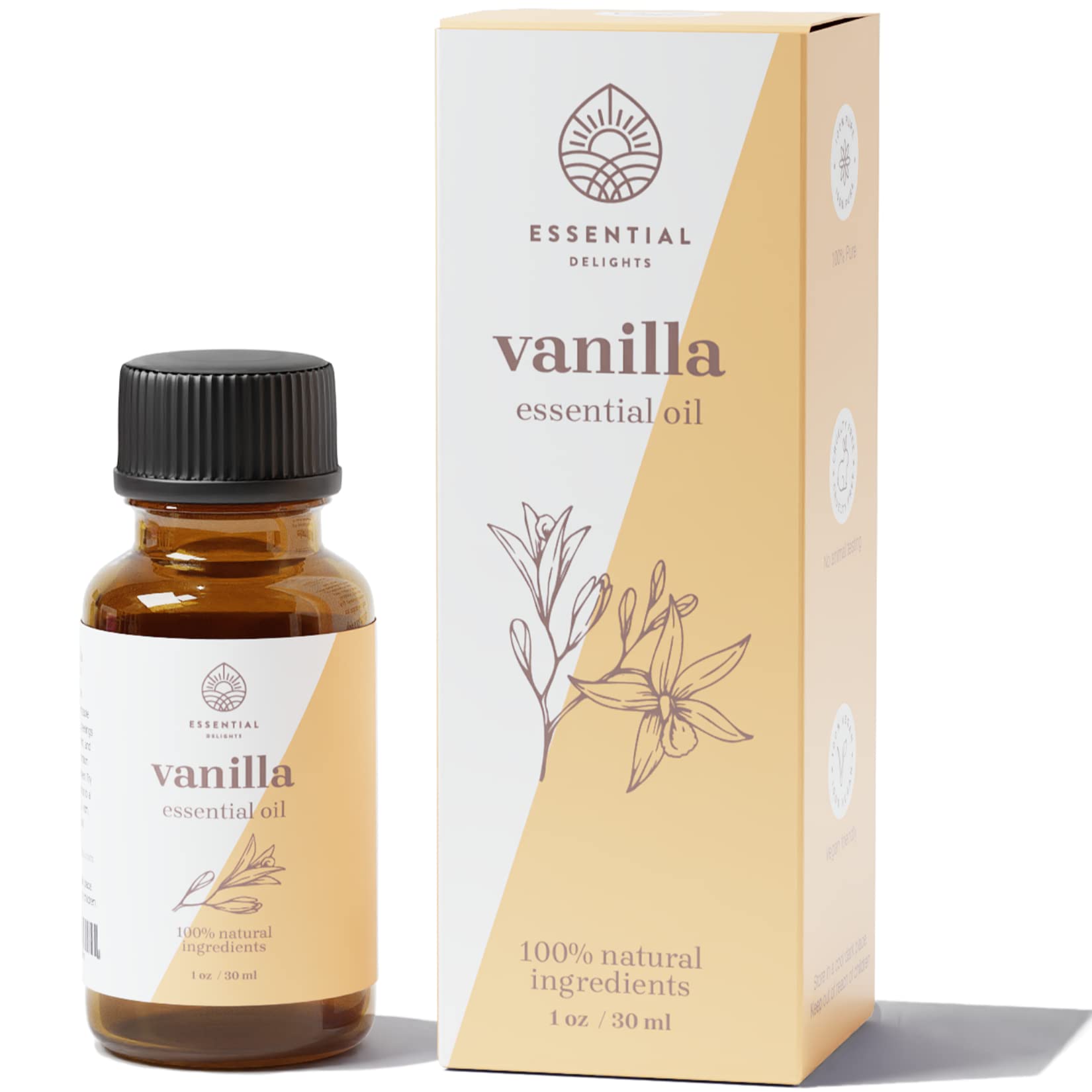 Essential Delights Vanilla Essential Oil bottle, pure aroma for diffusers and skincare.