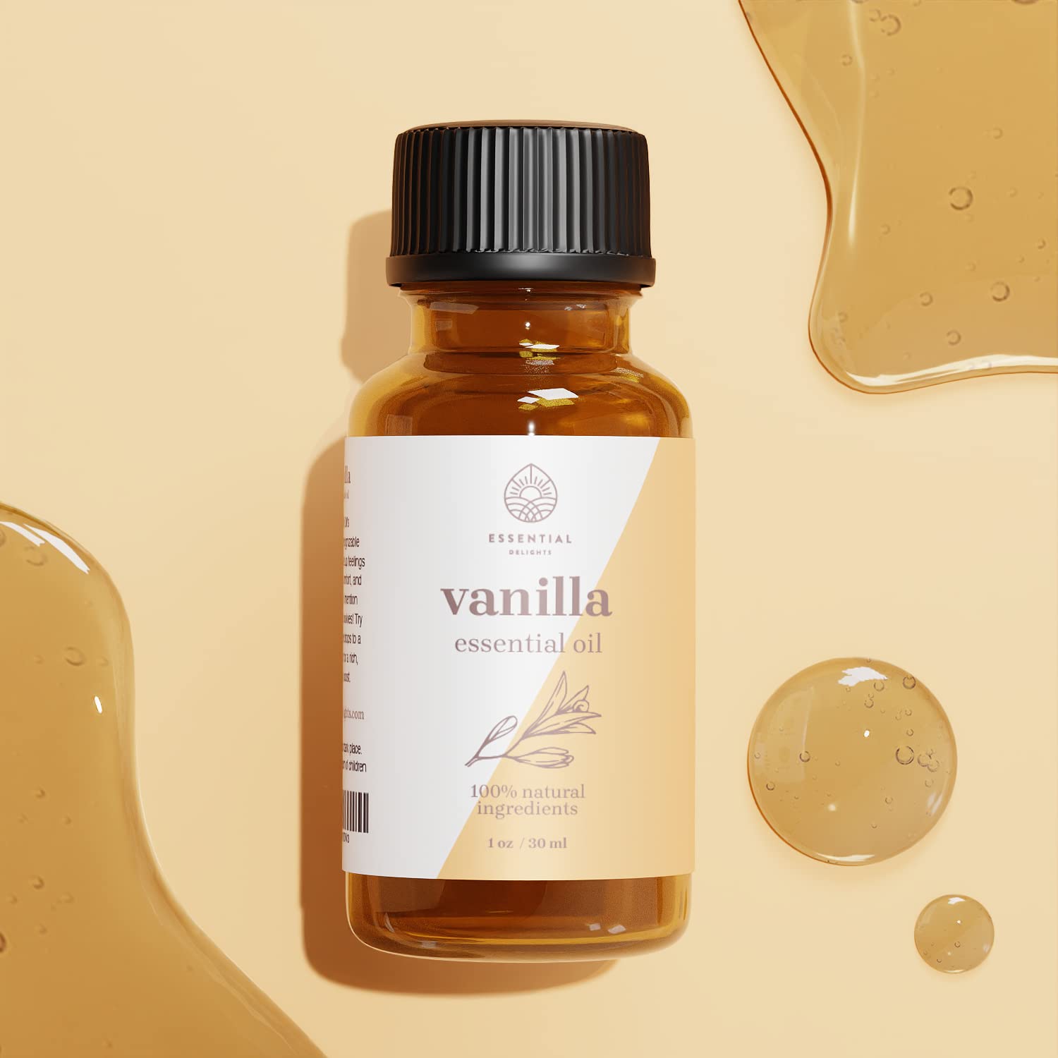Essential Delights Vanilla oil drops, versatile scent for DIY blends and moisturizers.