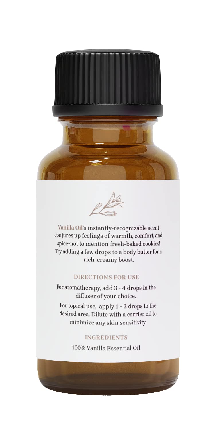 Essential Delights Vanilla oil packaging shown, domestically bottled in the USA.