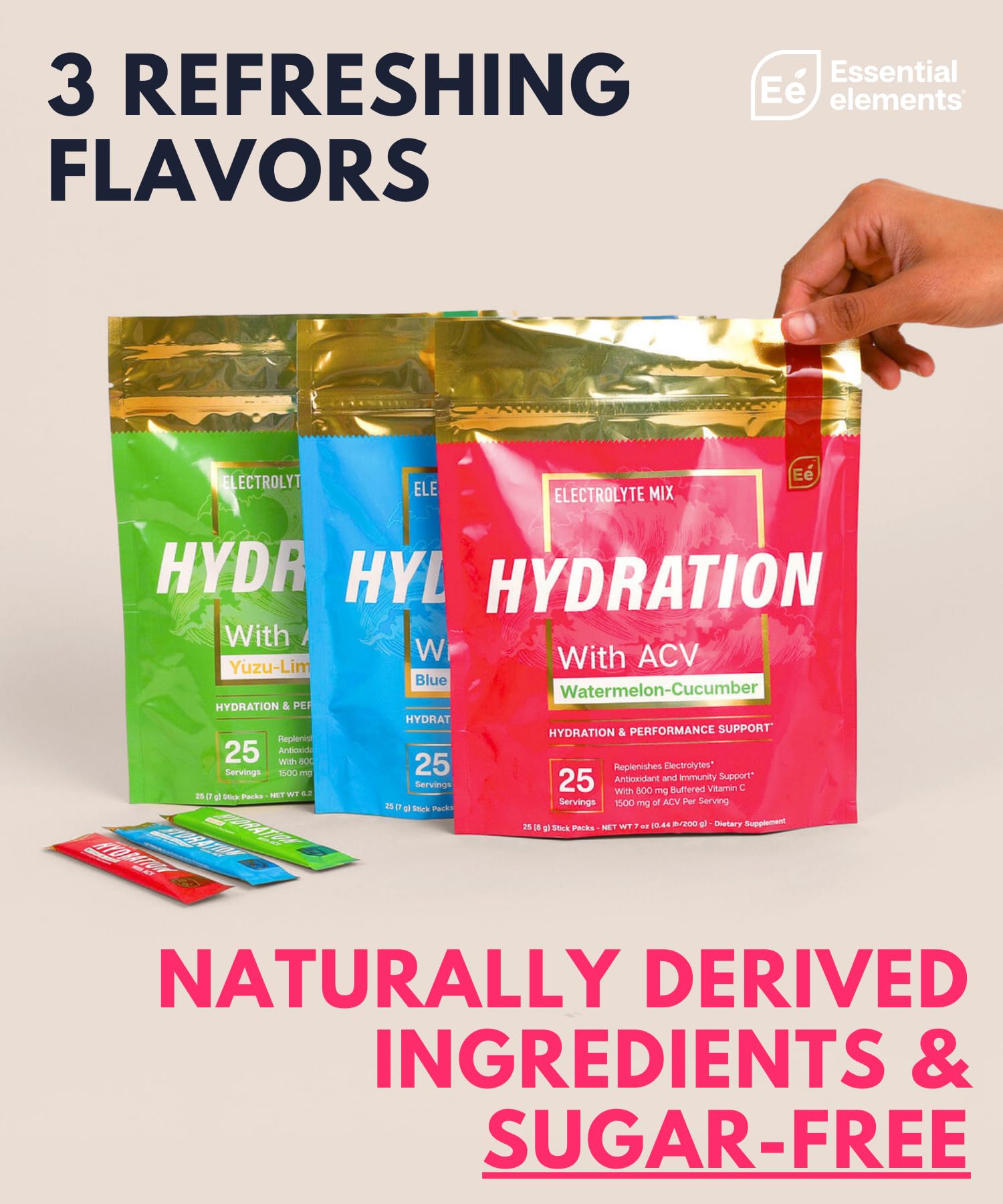 Essential Elements hydration packets with apple cider vinegar for digestive-friendly hydration.