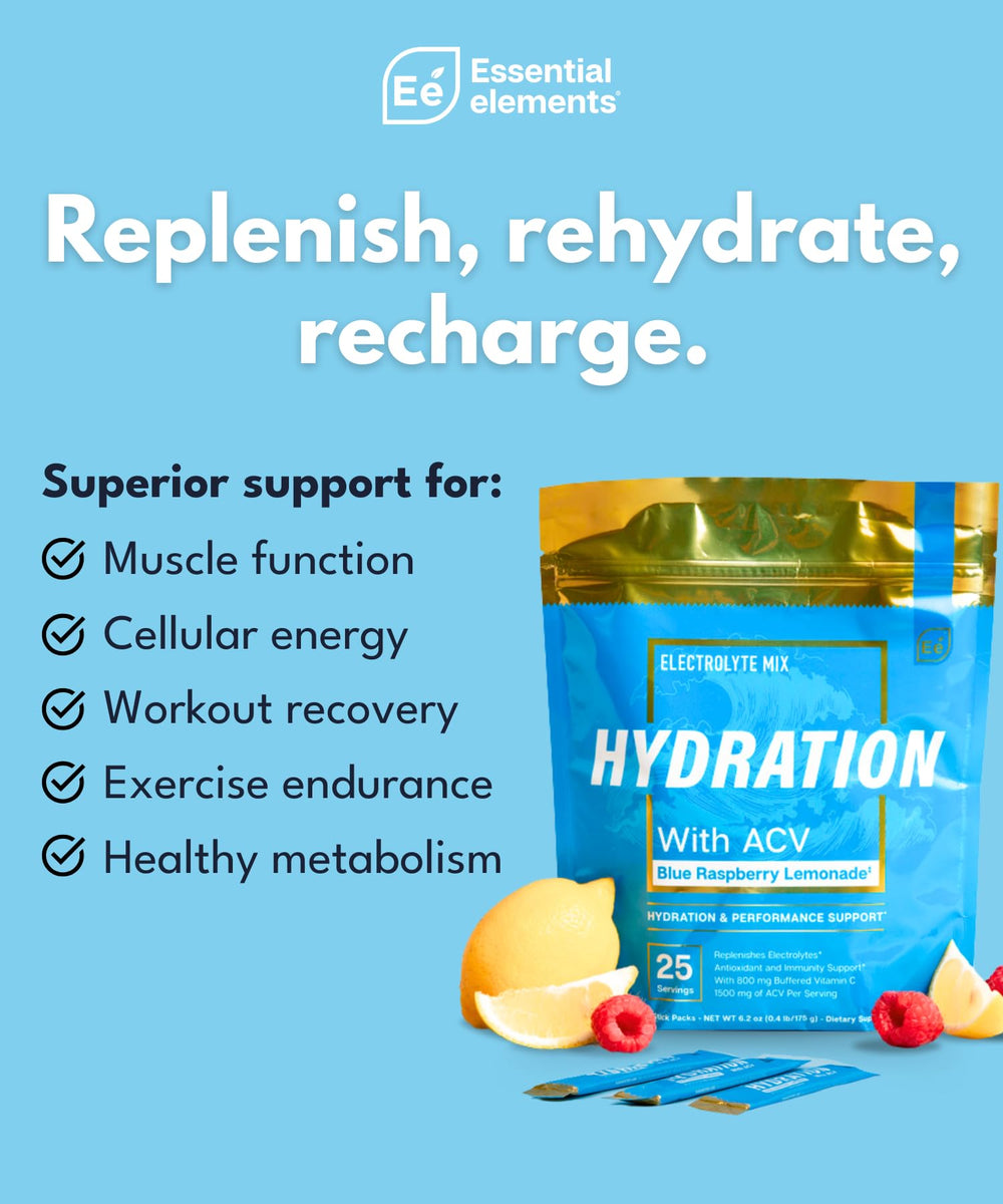 Essential Elements Hydration Packets closeup powder showing sugar-free formula.