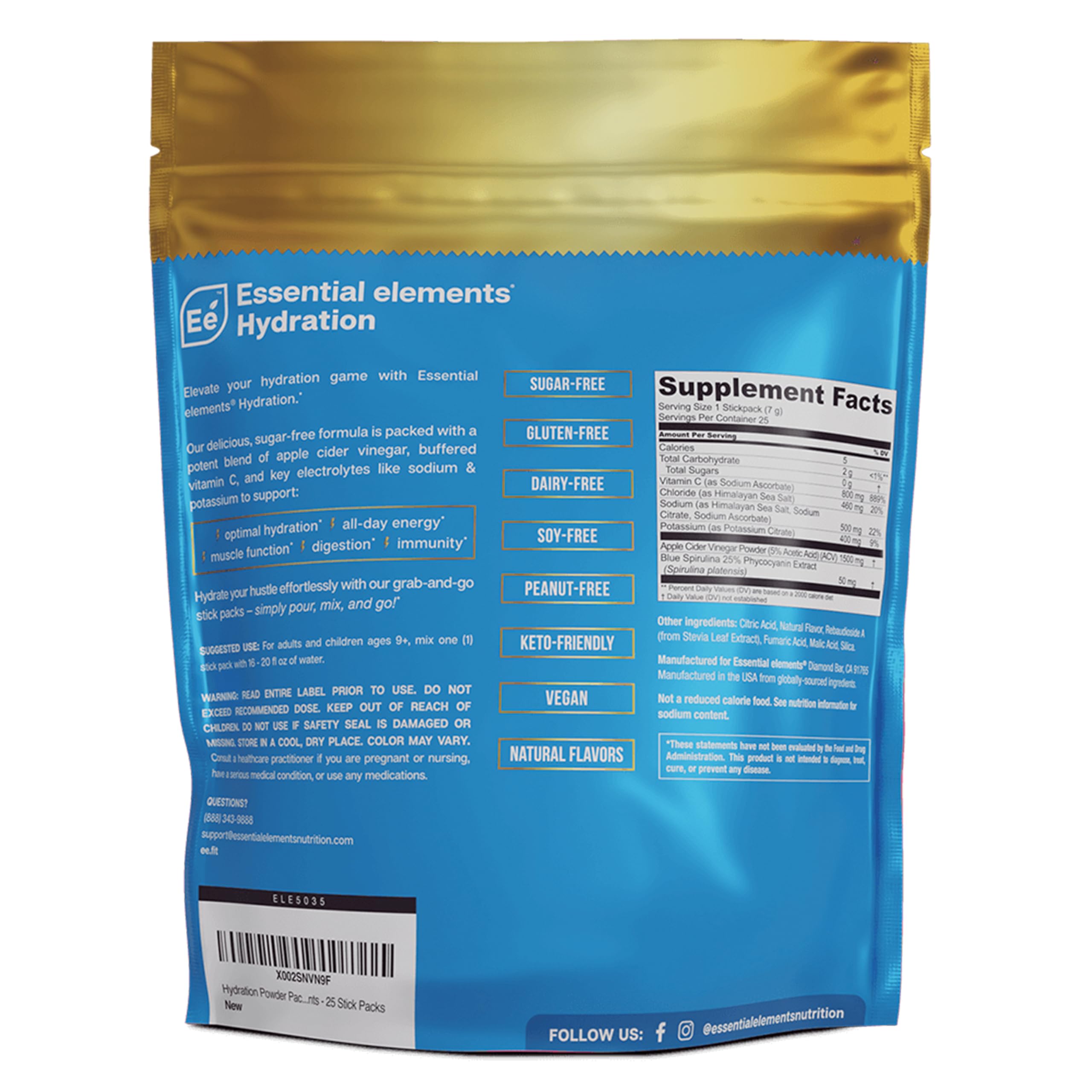 Essential Elements Hydration Packets sugar-free formula for workouts.