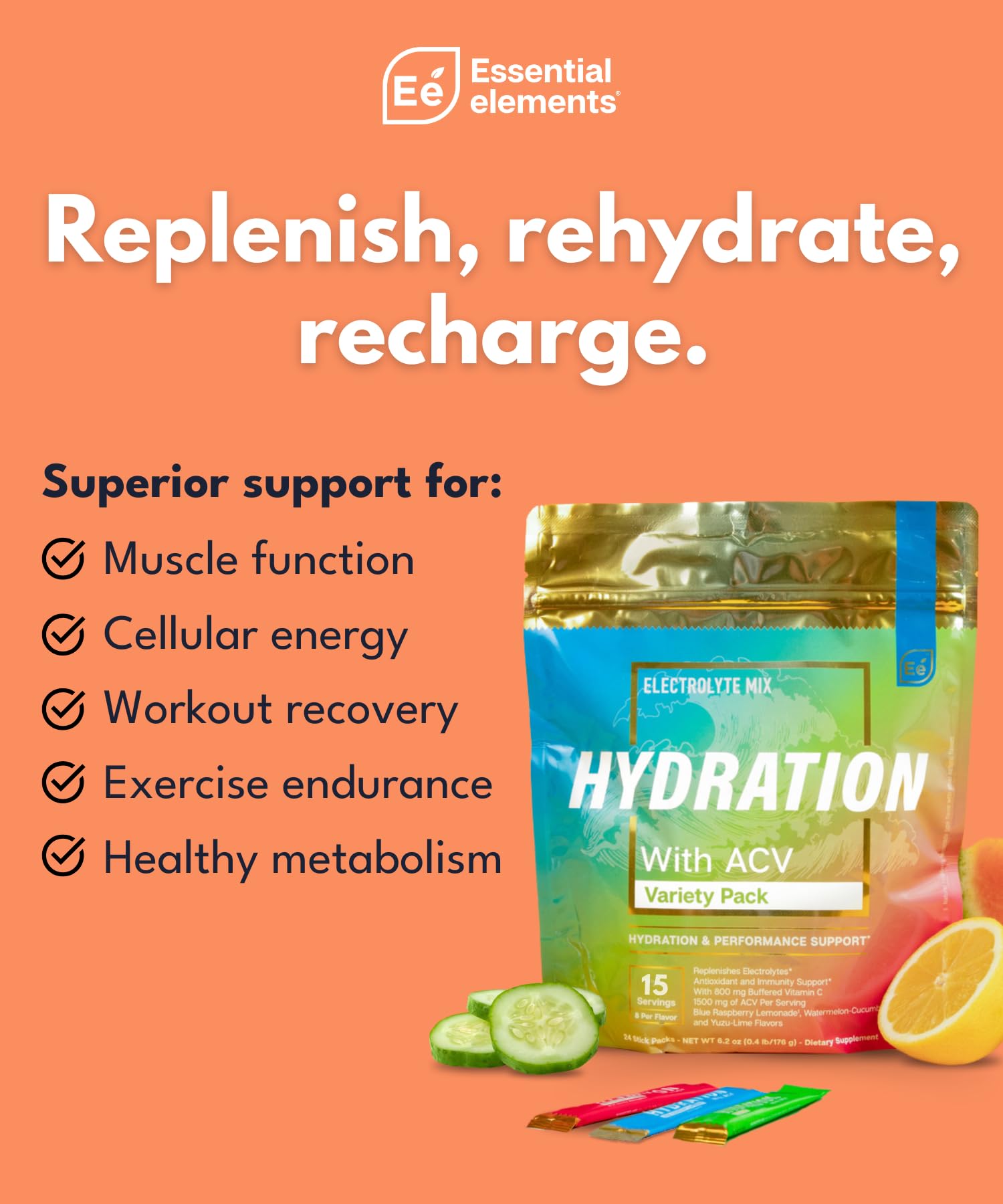 Essential Elements hydration packets yuzu lime flavor for crisp hydration during activity.