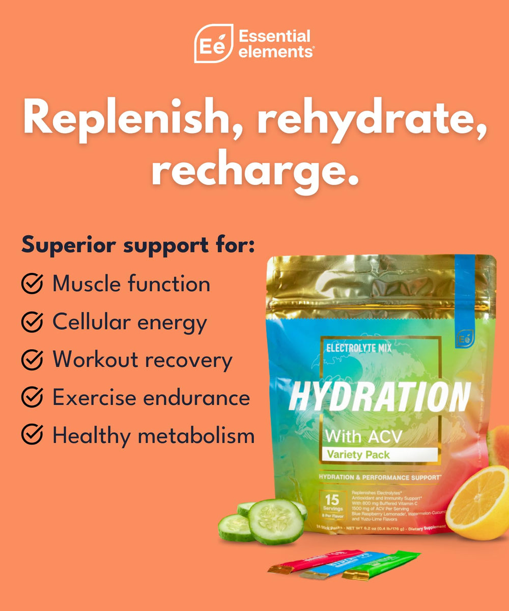 Essential Elements hydration packets yuzu lime flavor for crisp hydration during activity.