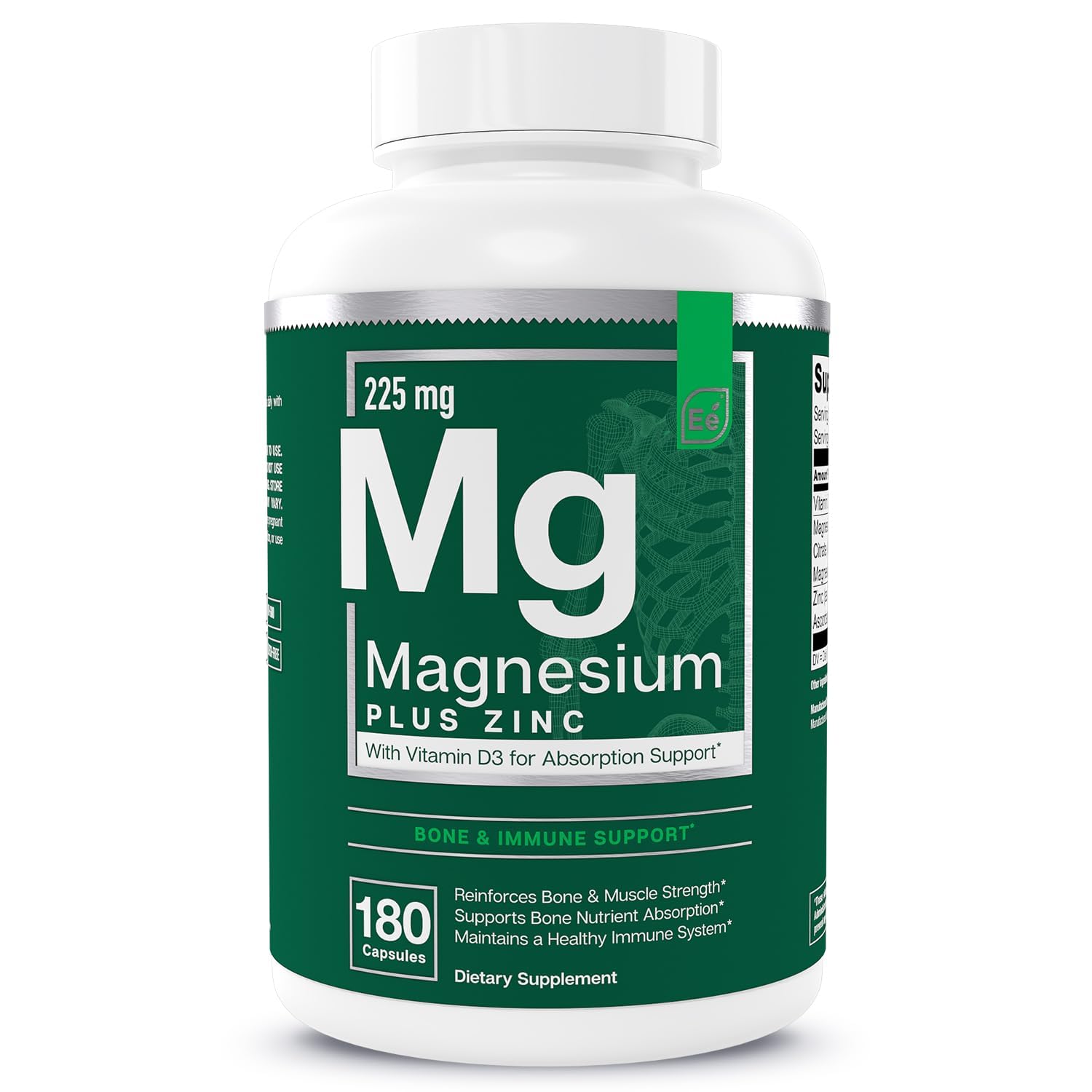 Essential Elements magnesium plus zinc d3 bottle label highlighting ingredients.