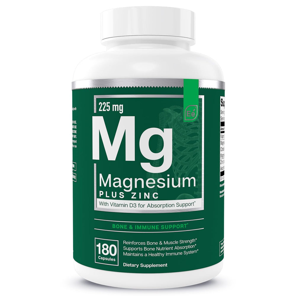 Essential Elements magnesium plus zinc d3 bottle label highlighting ingredients.
