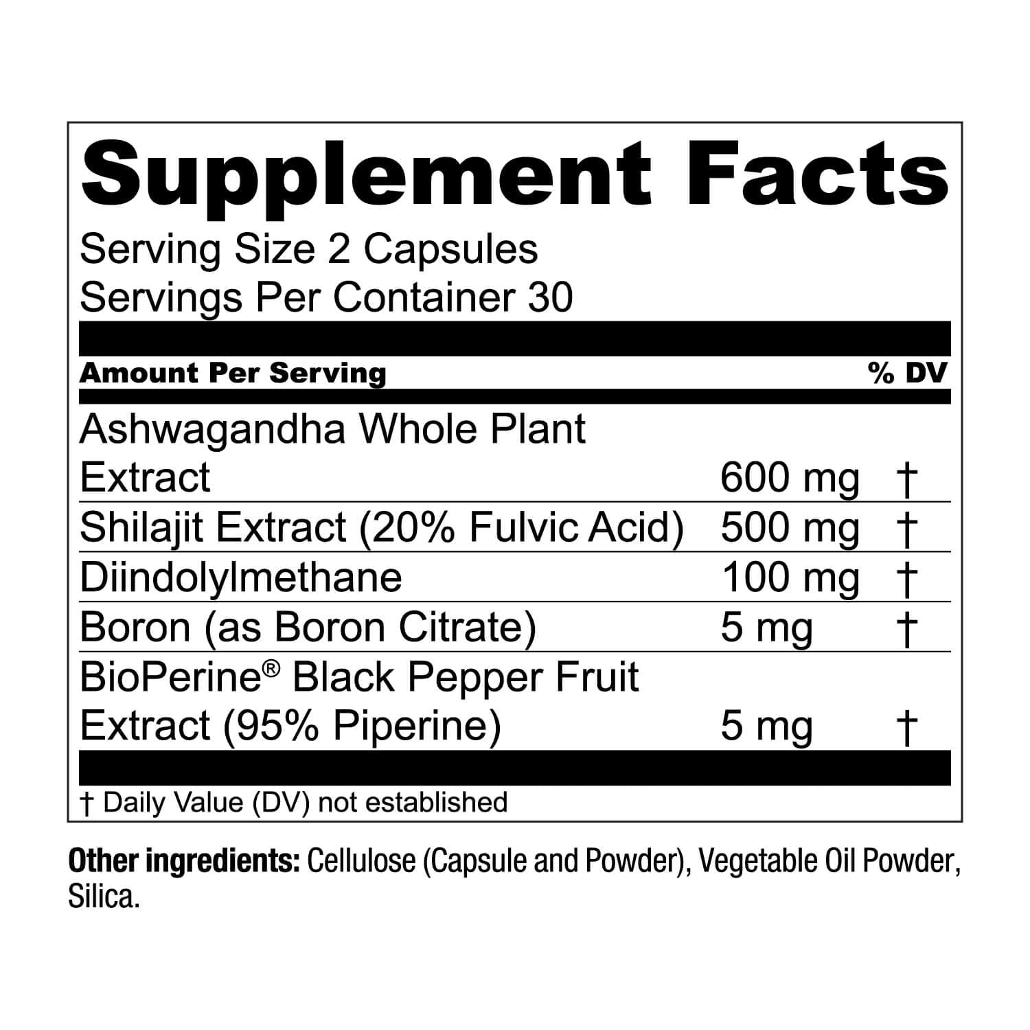 Label highlights Ashwagandha, Shilajit, Boron, and DIM