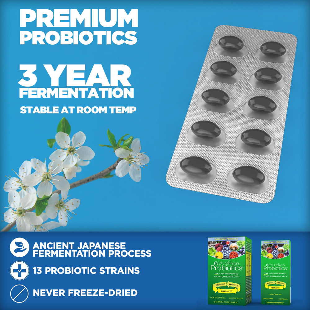 Dr Ohhira's Original capsule closeup highlights vegetarian, non-dairy capsules.