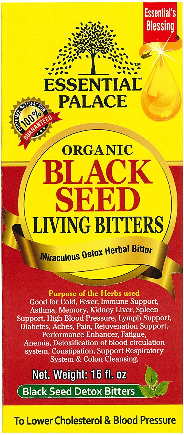 Essential Palace Black Seed Detox bottle closeup highlighting organic ingredients and aroma.