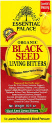 Essential Palace Black Seed Detox bottle closeup highlighting organic ingredients and aroma.