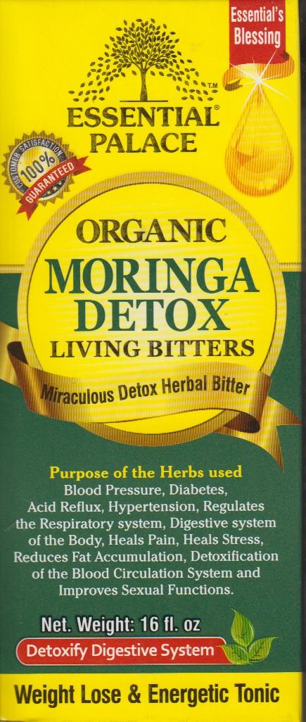 Essential Palace Organic Moringa Living Bitters bottle on a clean counter for daily ritual and flavor.