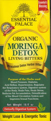 Essential Palace Organic Moringa Living Bitters bottle on a clean counter for daily ritual and flavor.