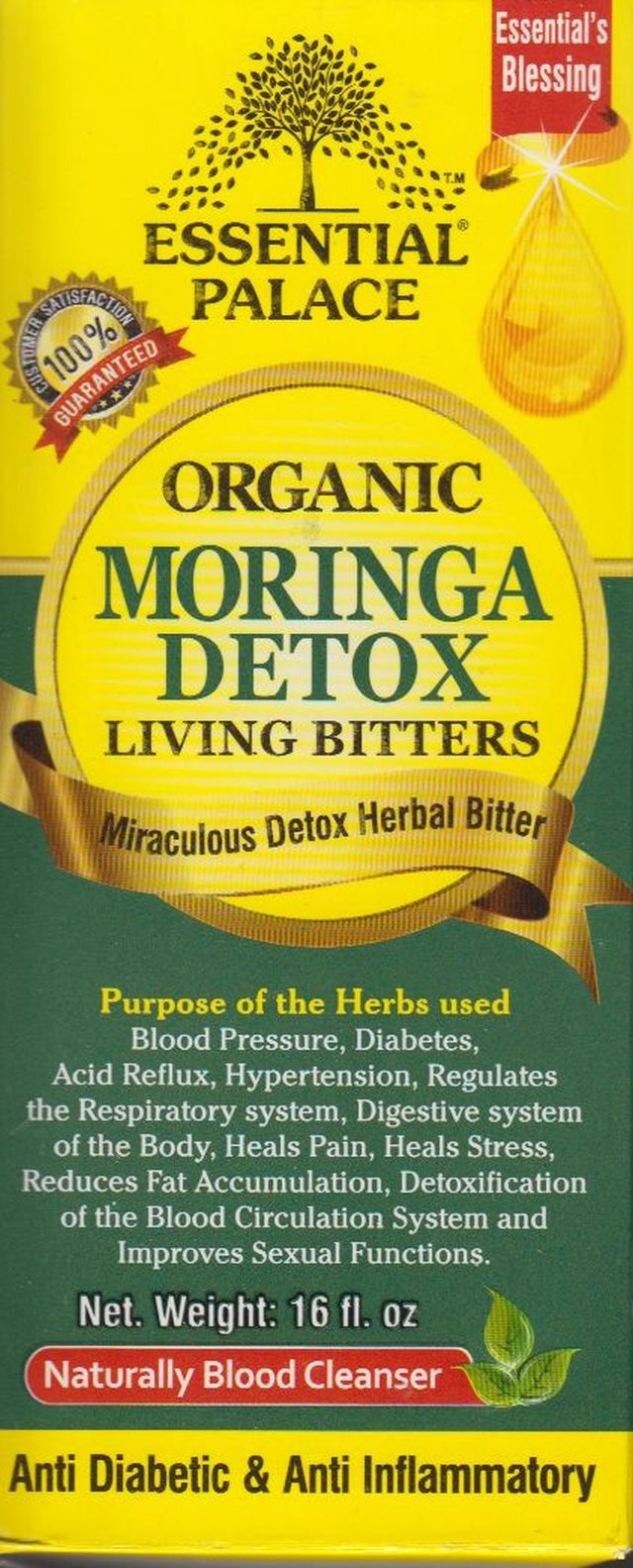 Essential Palace Organic Moringa Living Bitters close-up of bottle highlighting vibrant infusion and flavor.
