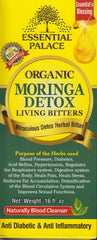 Essential Palace Organic Moringa Living Bitters close-up of bottle highlighting vibrant infusion and flavor.