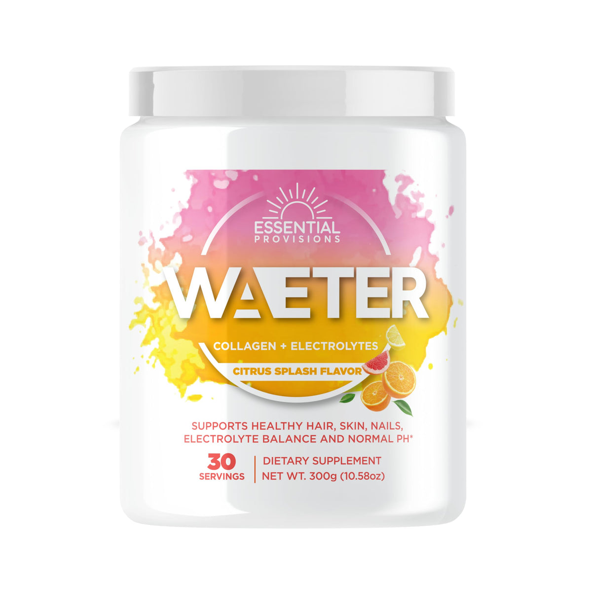 Essential Provisions WAETER powder scoop showing 5g collagen for daily hydration.