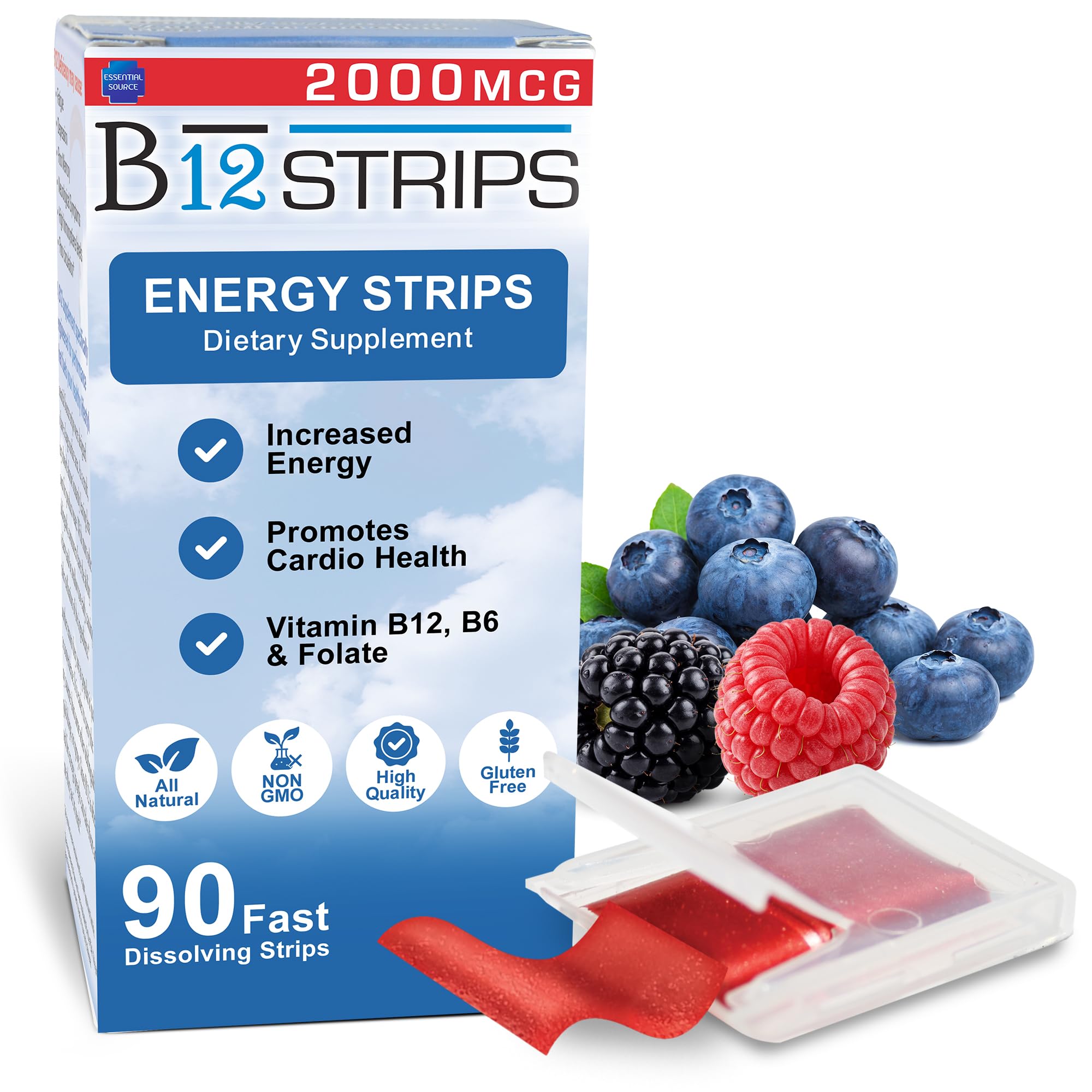 Essential Source B12 sublingual strip in winter berry packaging for quick energy