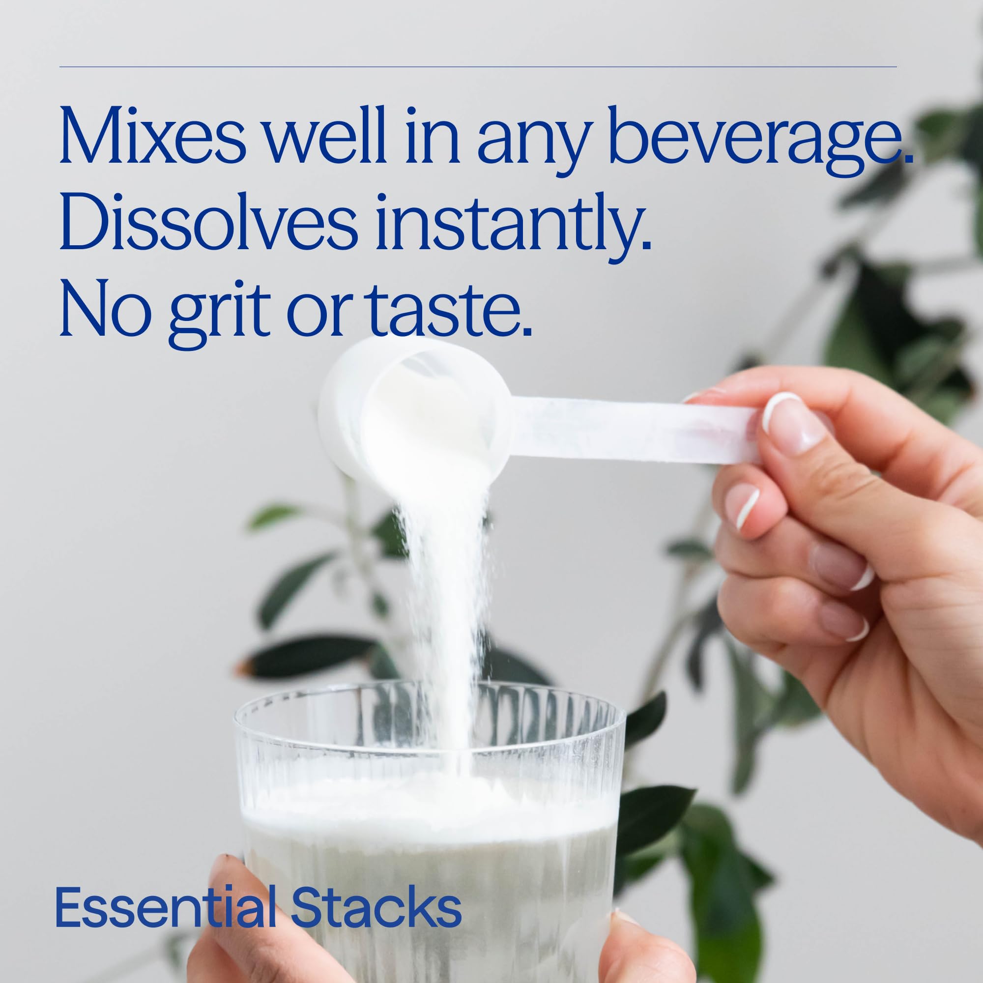Essential Stacks L-Glutamine powder being poured into a glass, unflavored