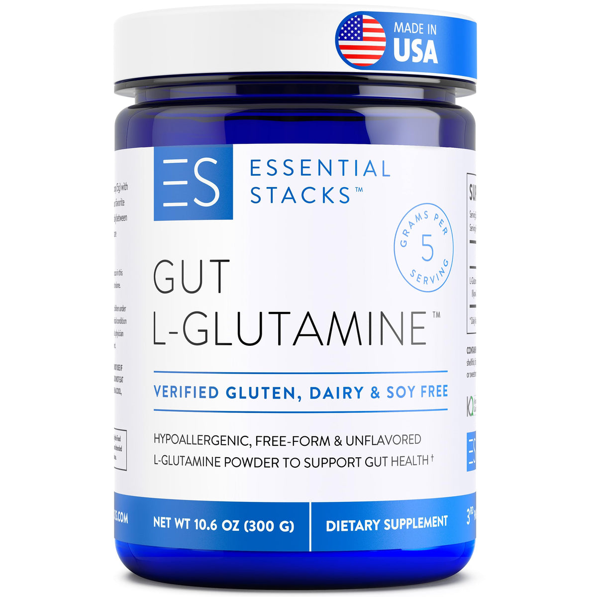 Essential Stacks Gut L-Glutamine powder tub label for gut support