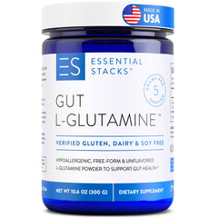 Essential Stacks Gut L-Glutamine powder tub label for gut support