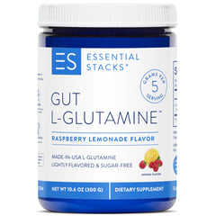 Essential Stacks Gut L-Glutamine Powder tub label shows purity and USA-made production.