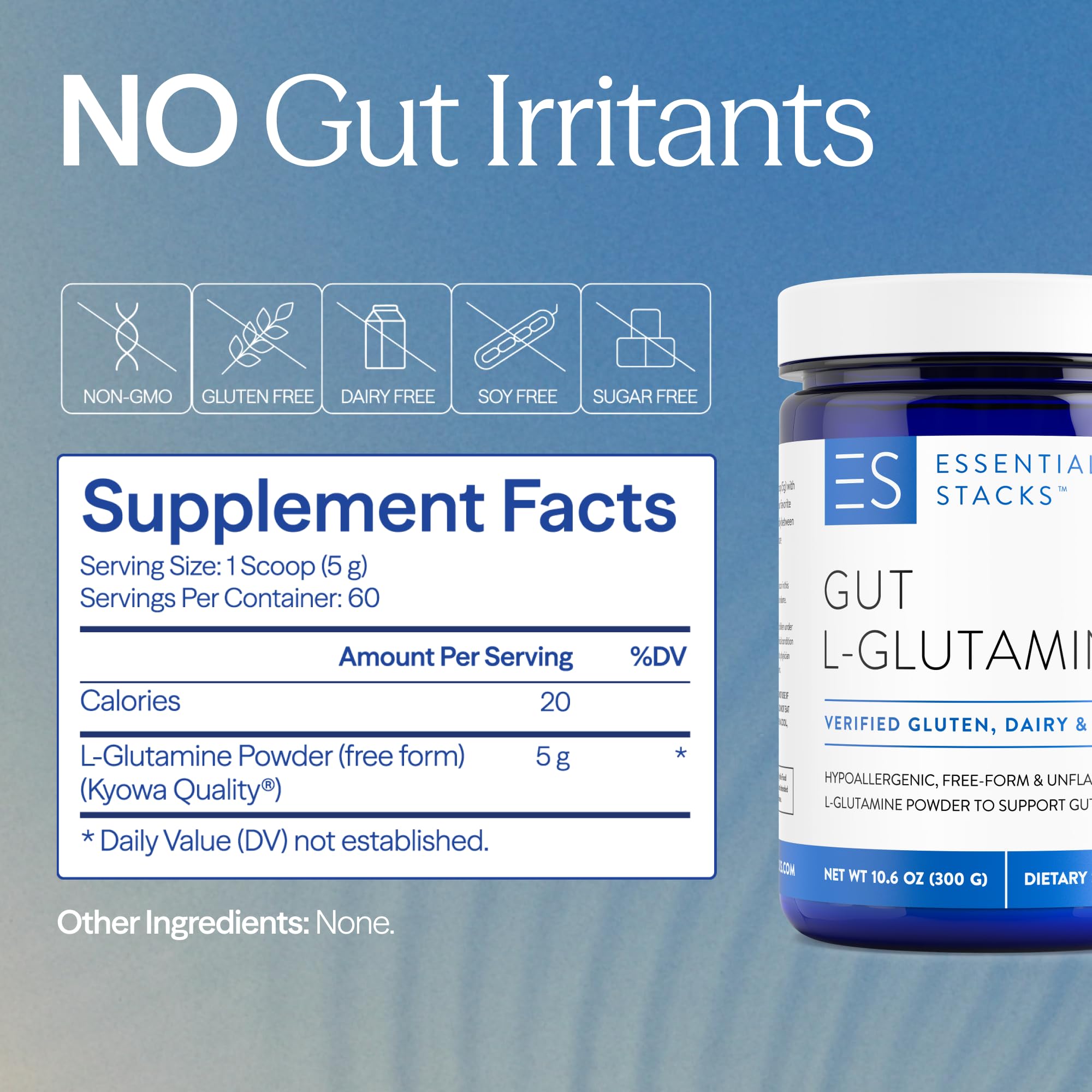 Essential Stacks Gut L-Glutamine powder in USA-made packaging