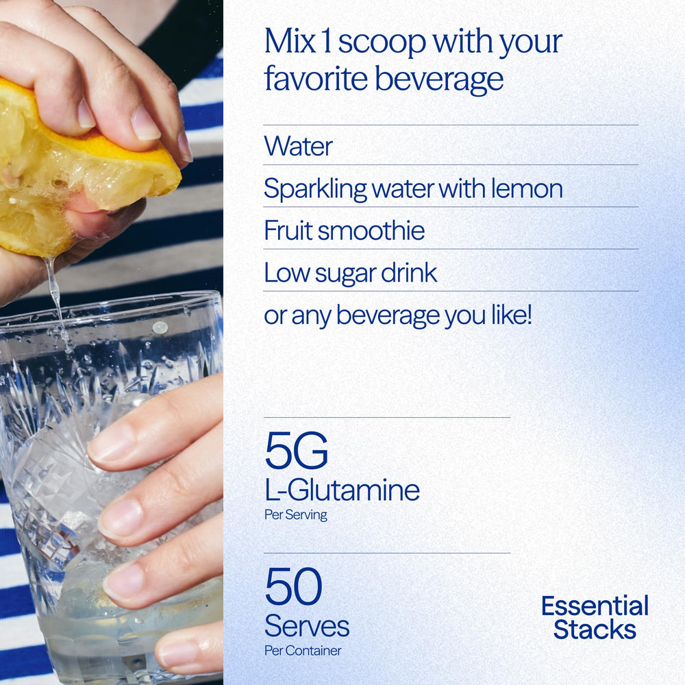 Essential Stacks Gut L-Glutamine Powder vegan and allergen-free formulation.