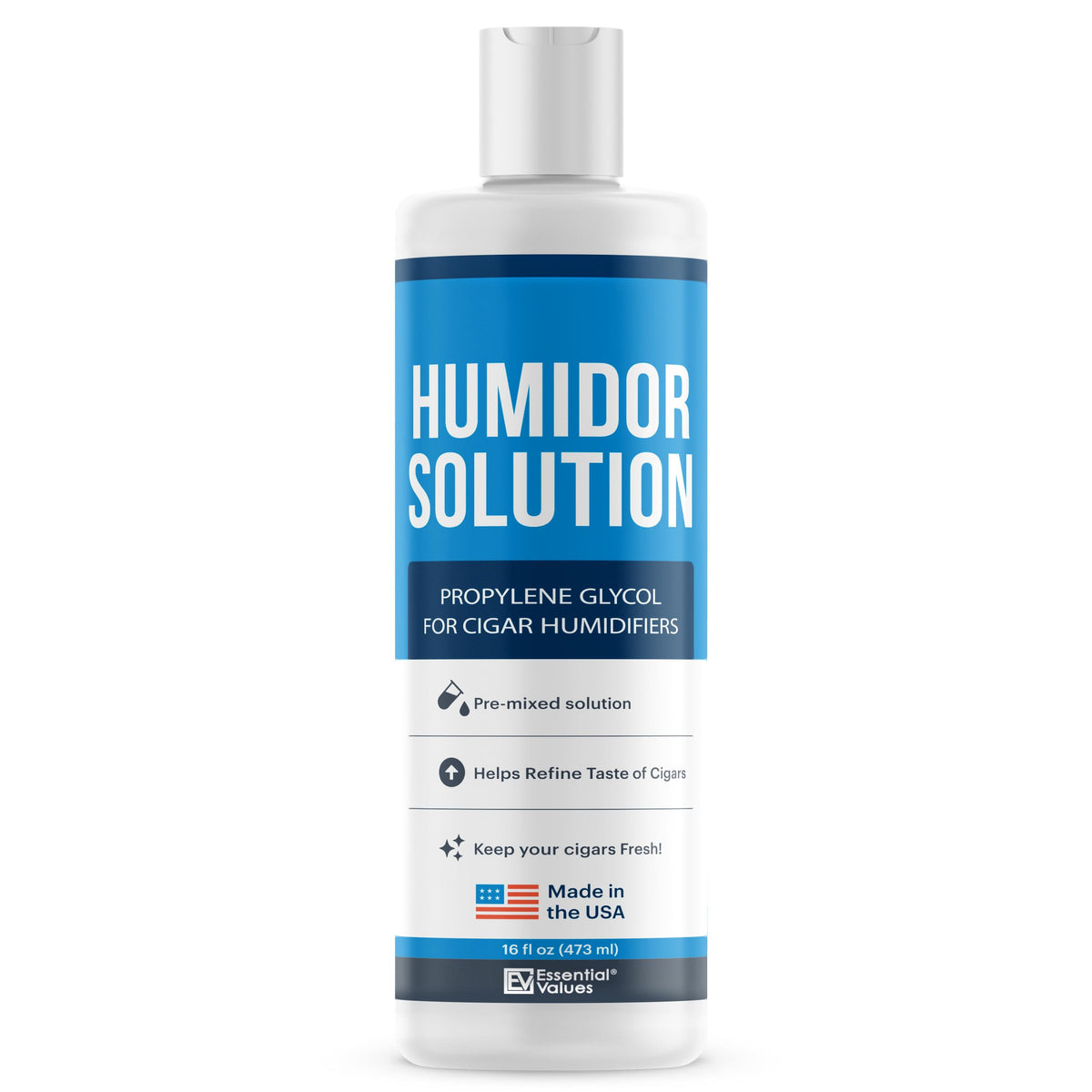 Solución PG de Essential Values para humidor: mantiene humedad estable para cigarros.