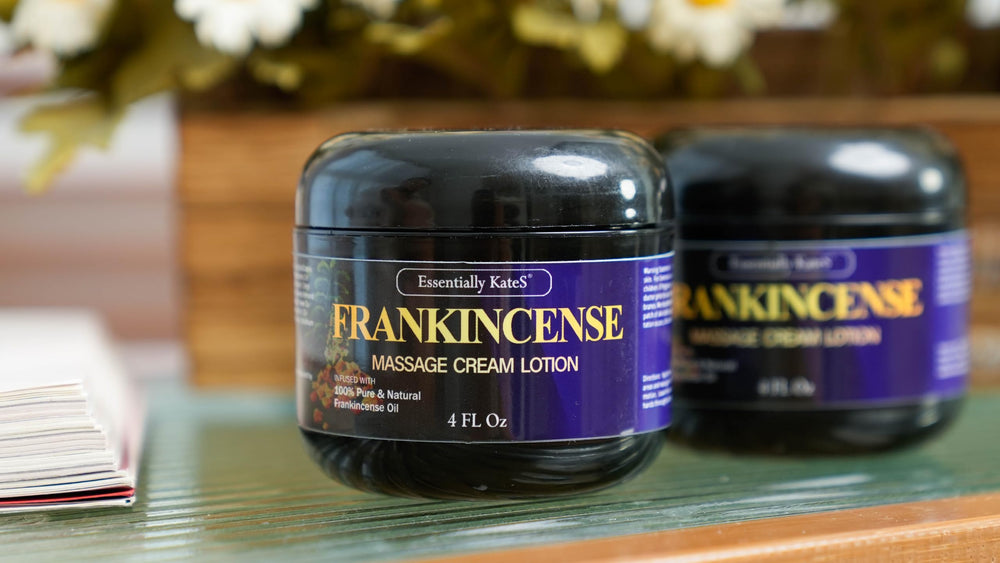 Essentially KateS Frankincense Massage Lotion packaging closeup emphasizes premium, ethical ingredients.