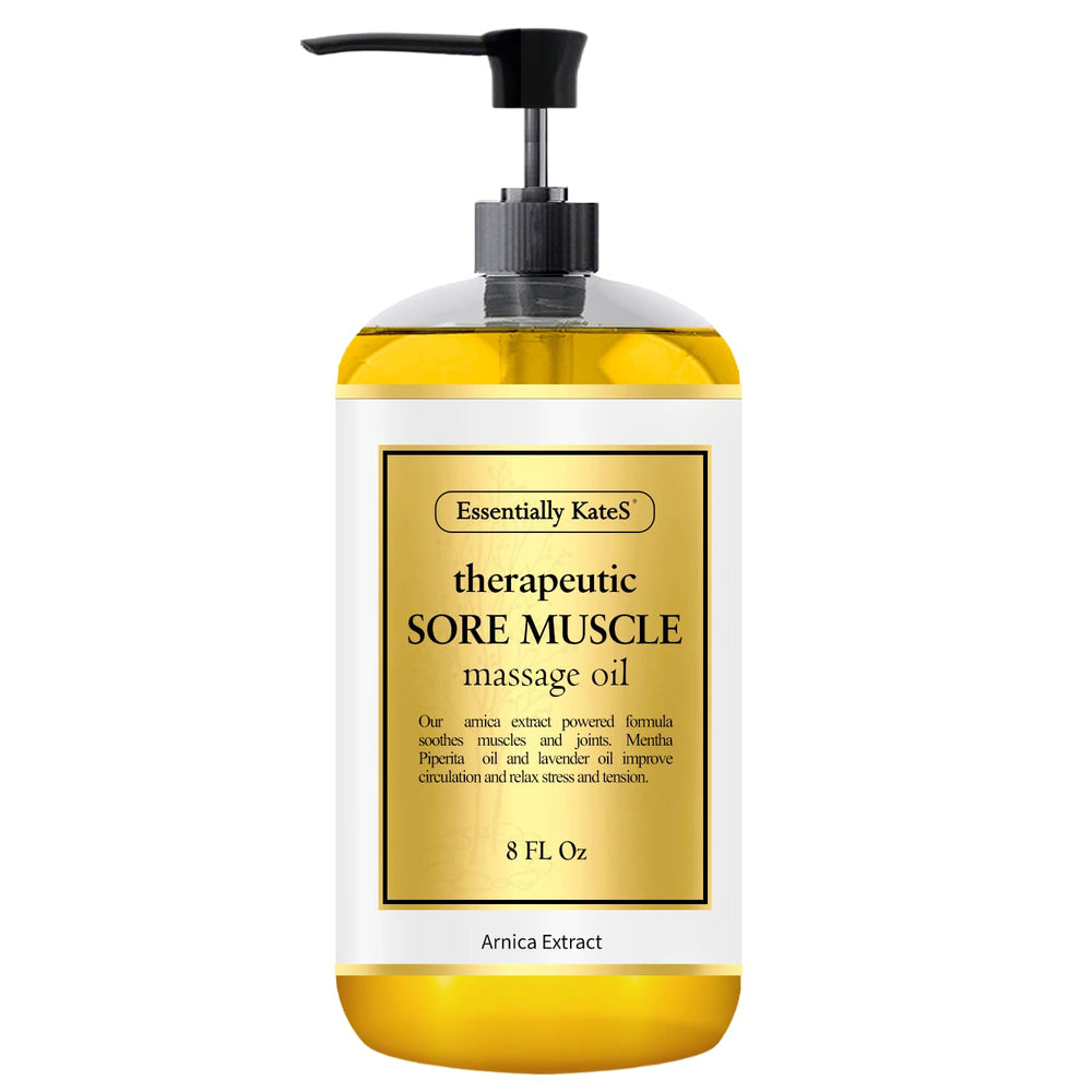 Essentially KateS sore muscle oil ingredients close-up highlighting arnica and lavender