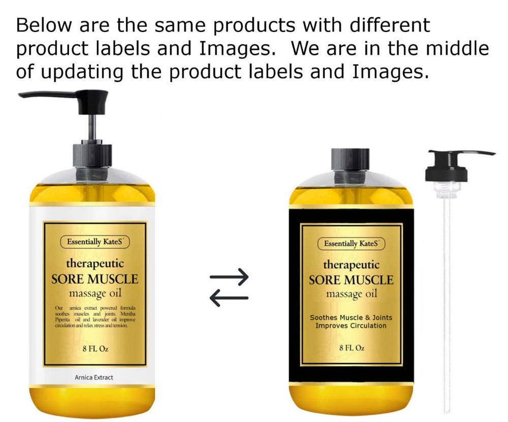 Essentially KateS sore muscle oil pour showing cooling peppermint and arnica