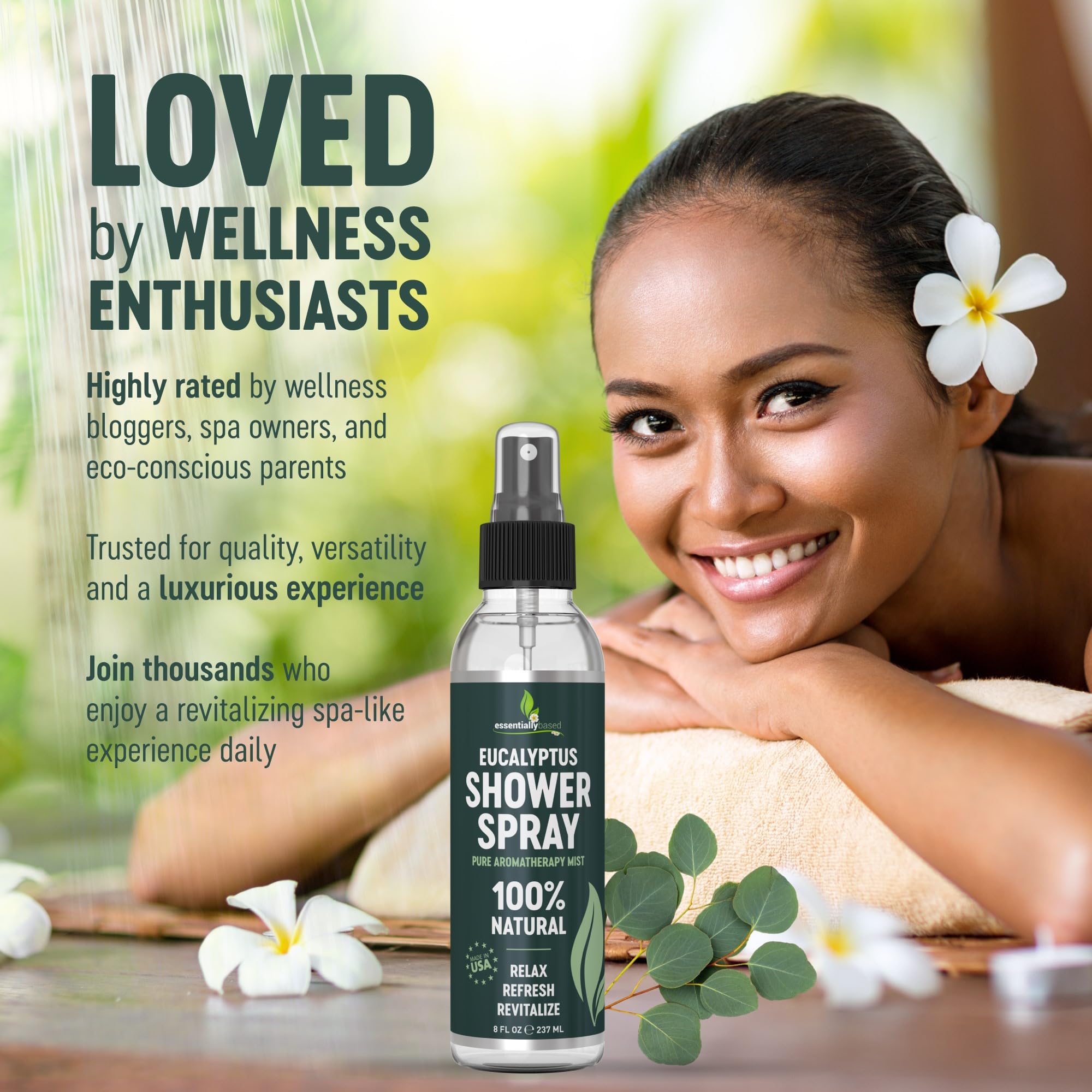 EssentiallyBased eucalyptus oil 8oz bottle highlights 100% pure oil and USA-made quality