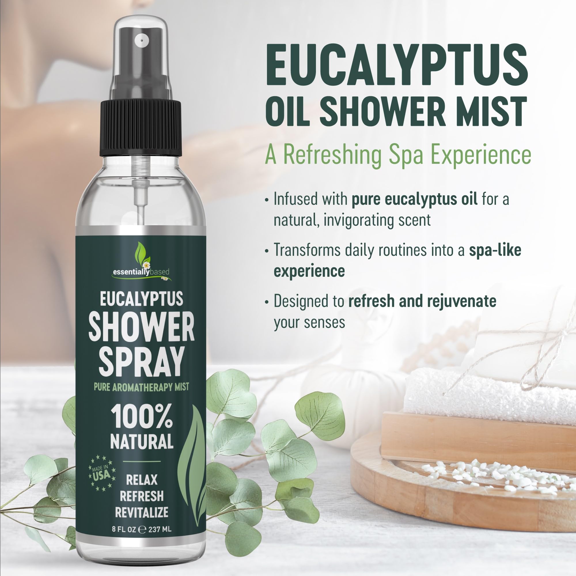 EssentiallyBased eucalyptus sauna aroma spray illustrating versatile use in sauna environments