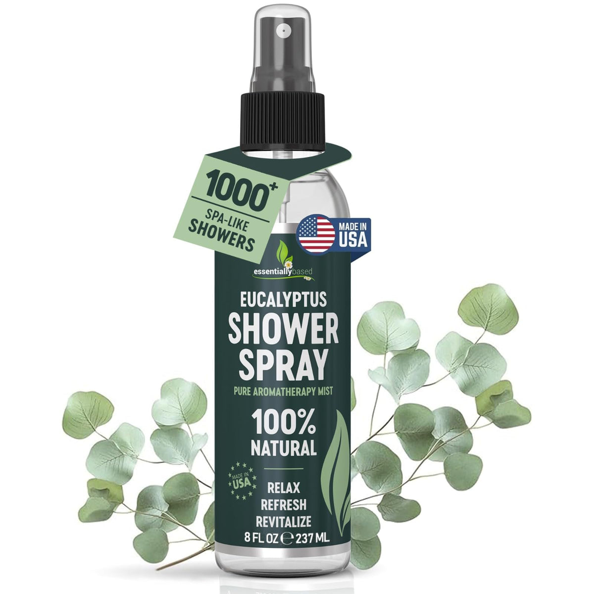 EssentiallyBased eucalyptus shower spray bottle front for spa-like aromatherapy during shower
