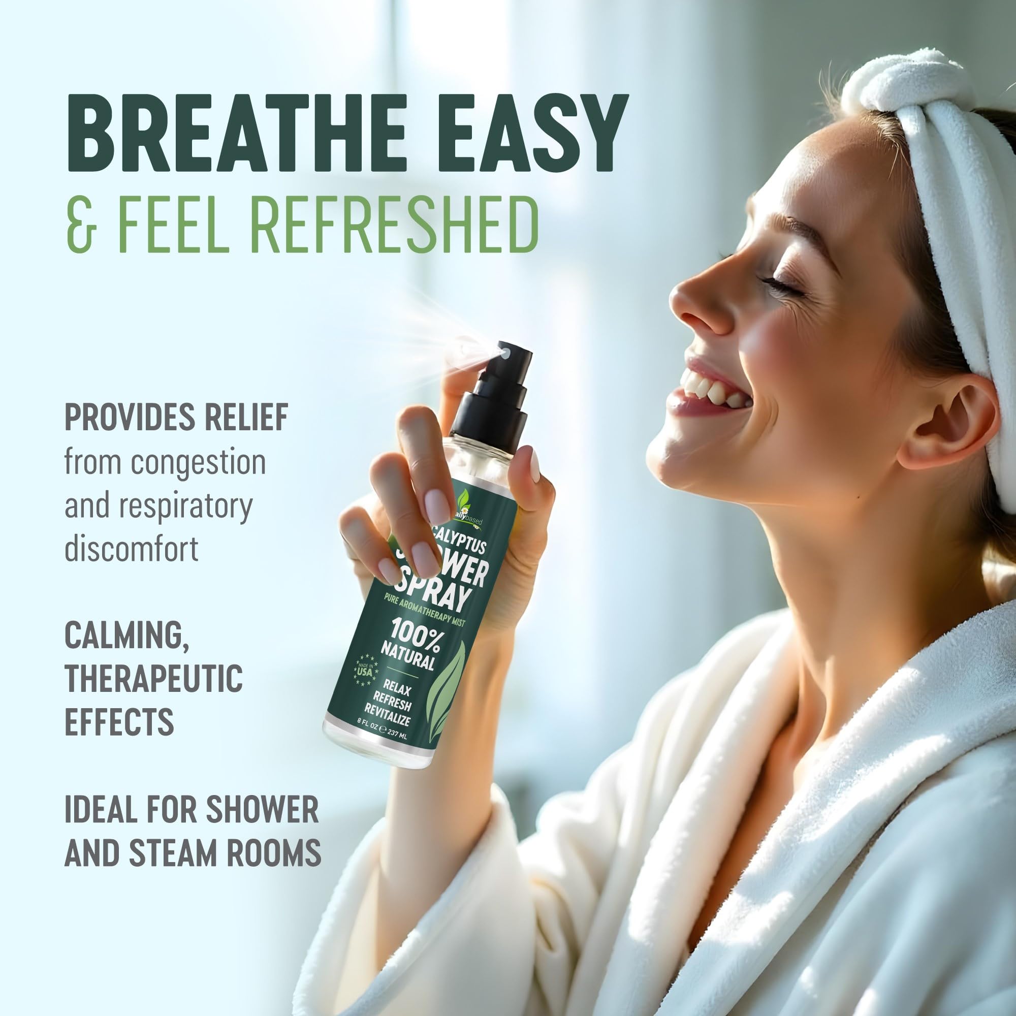 EssentiallyBased eucalyptus shower spray packaging 8oz emphasizes durability and value