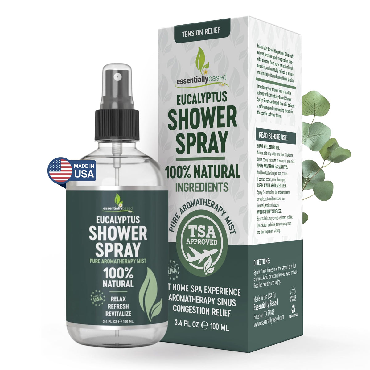 EssentiallyBased pure eucalyptus shower spray 3.4oz bottle for spa-like aromatherapy.