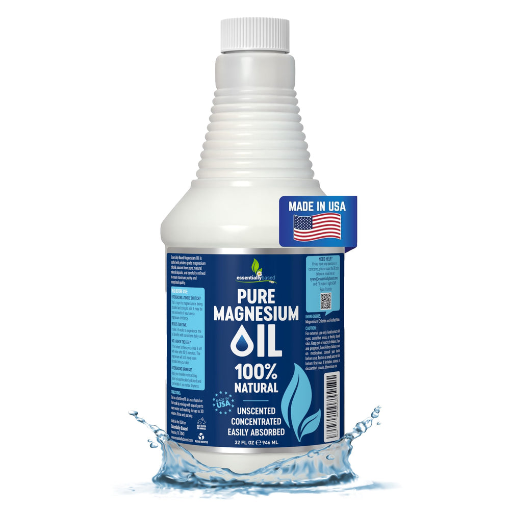 EssentiallyBased Pure Magnesium Oil Spray 32oz bottle front view for restful evenings.
