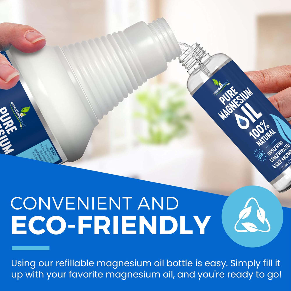 EssentiallyBased Magnesium Oil Spray close-up shows quick absorption on skin.