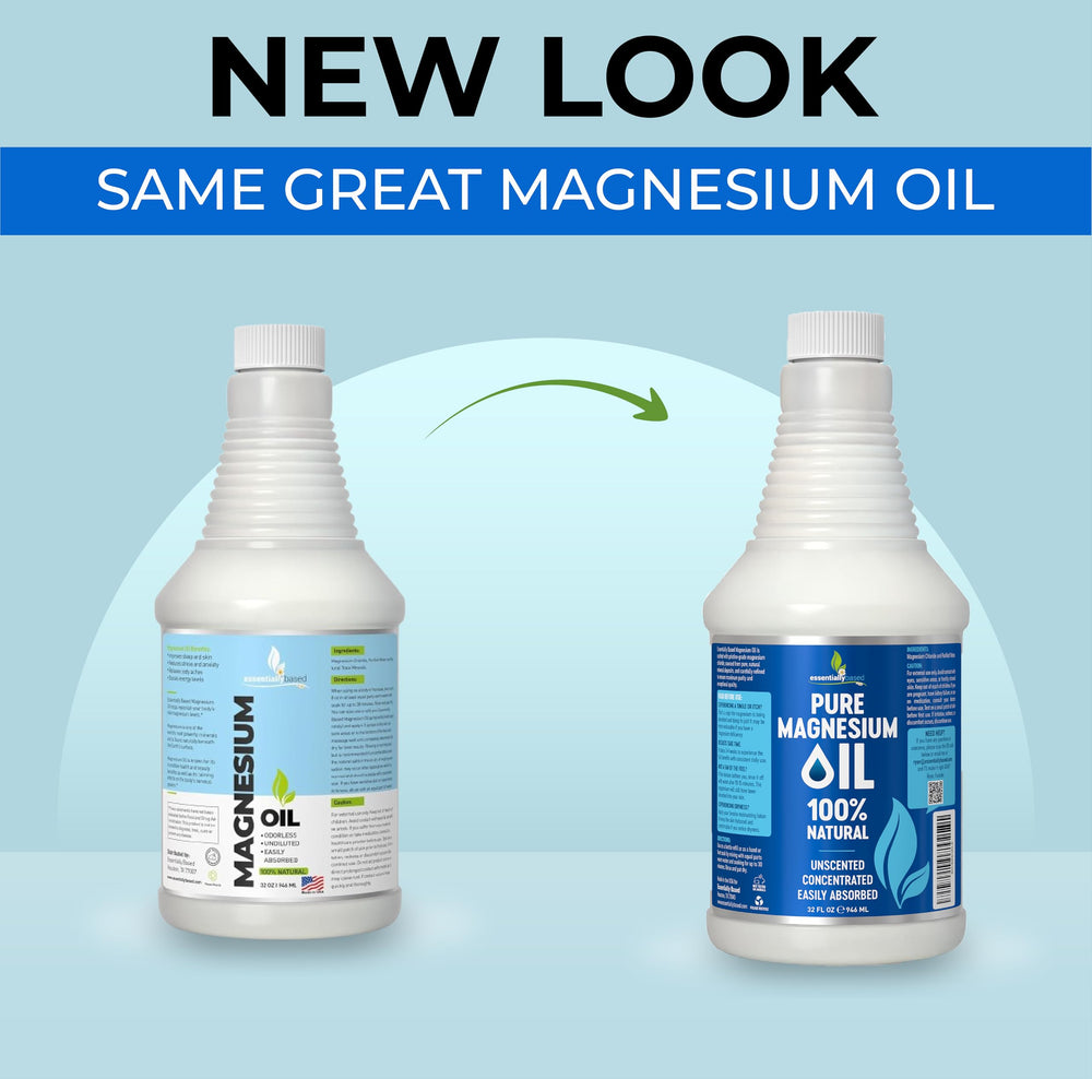 EssentiallyBased Magnesium Oil Spray label close-up highlighting organic ingredients for gentle use.